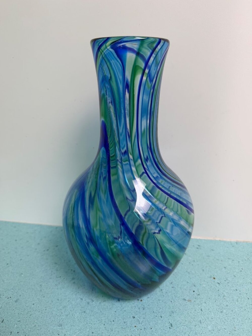 Michael Egan Vermont 2001 Handblown 12 inch Art Glass Vase Blue Green Handmade